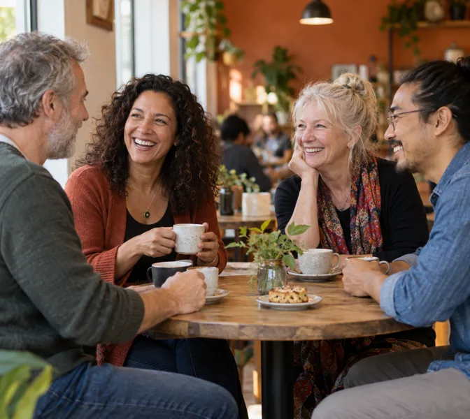 AI-generated illustration of members sharing coffee and conversation