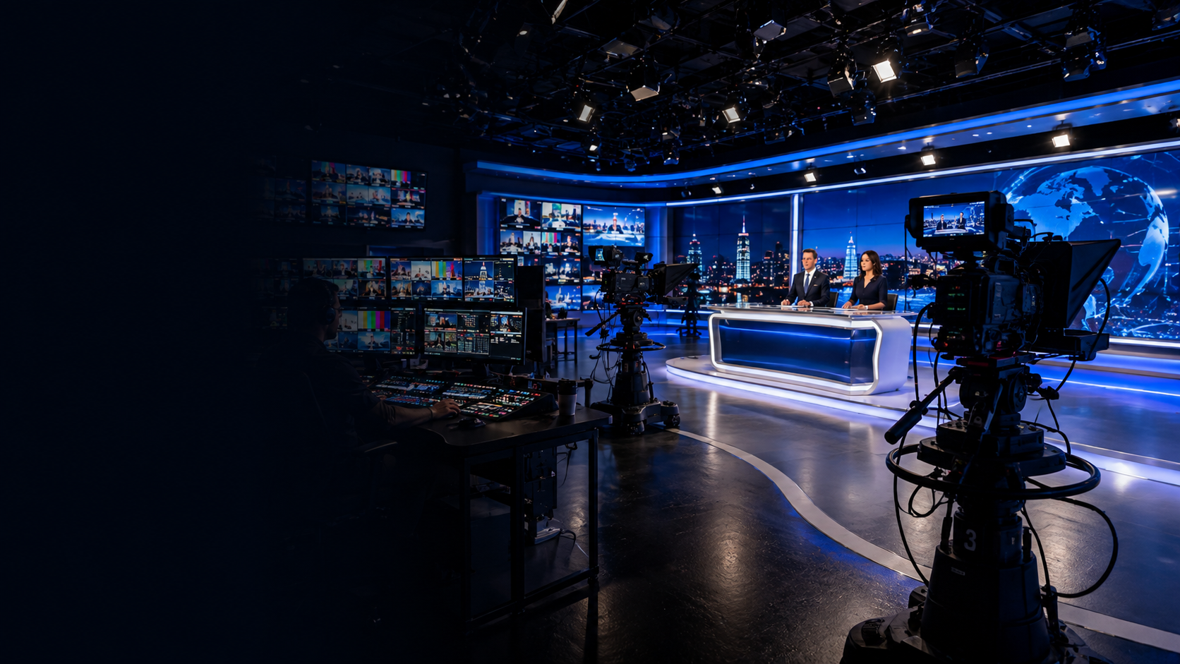 Modern broadcast studio and newsroom